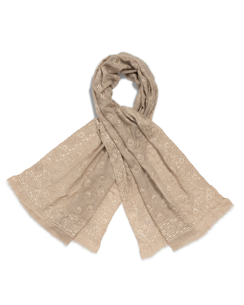 JAYA CHIKANKARI STOLE - Nutty Beige